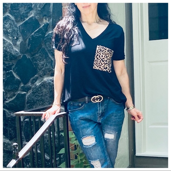 BLACK V NECK LEOPARD POCKET TUNIC TOP - Picture 12 of 14